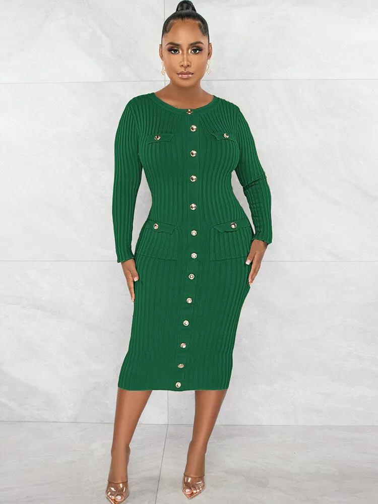 Long Sleeve Ribbed Patchwork Midi Dresses