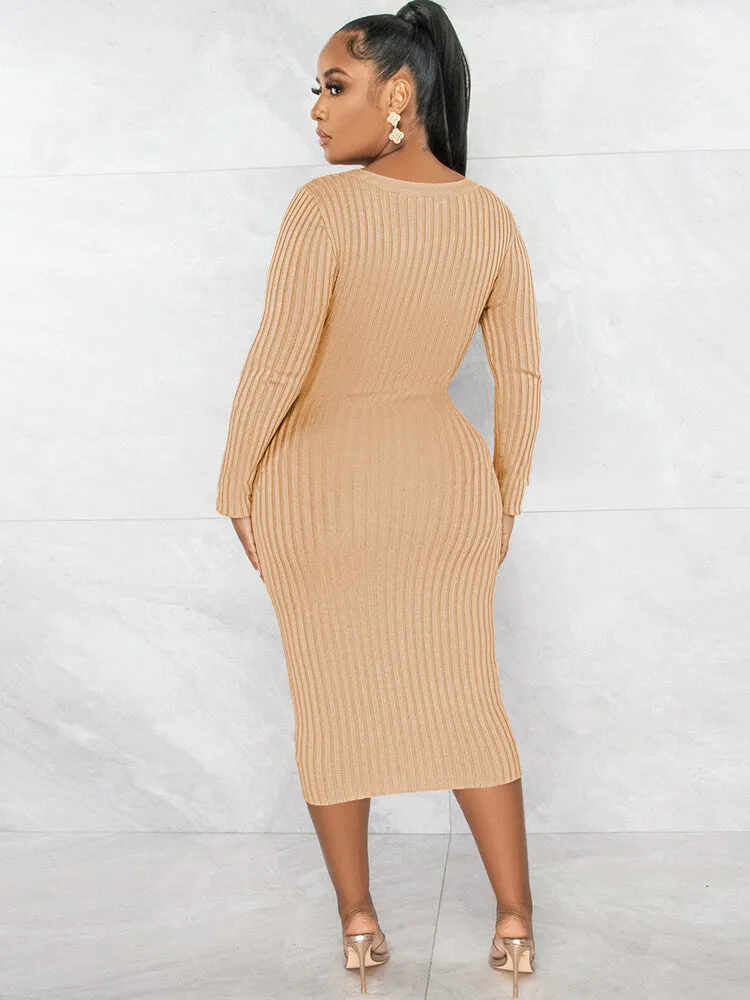 Long Sleeve Ribbed Patchwork Midi Dresses