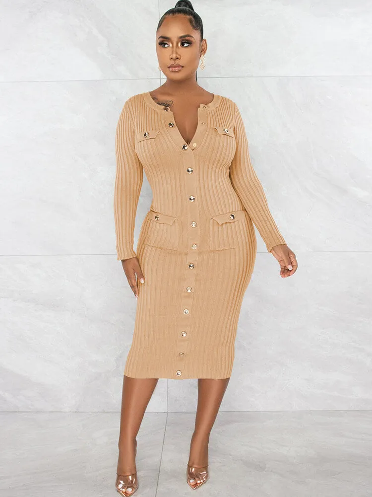 Long Sleeve Ribbed Patchwork Midi Dresses