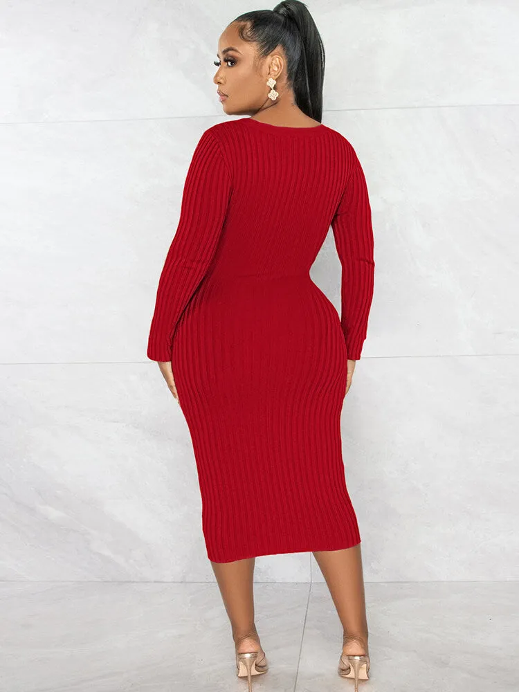 Long Sleeve Ribbed Patchwork Midi Dresses