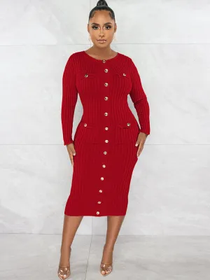 Long Sleeve Ribbed Patchwork Midi Dresses