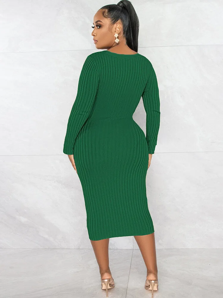 Long Sleeve Ribbed Patchwork Midi Dresses