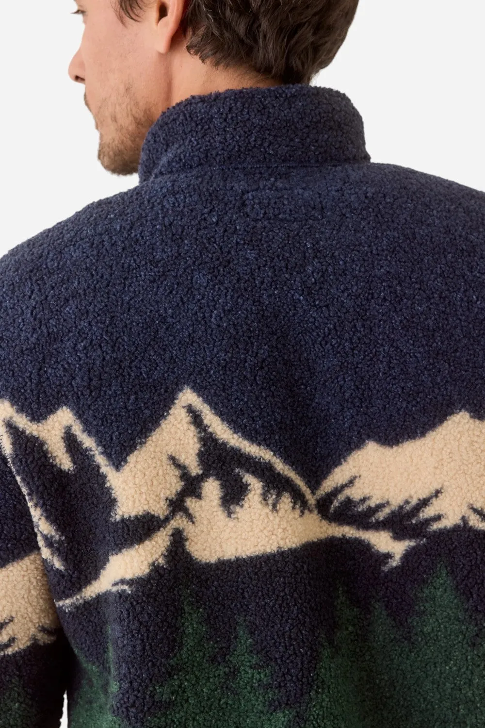 Marine Layer Archive Andes Sherpa Pullover in Navy Mountain Scene