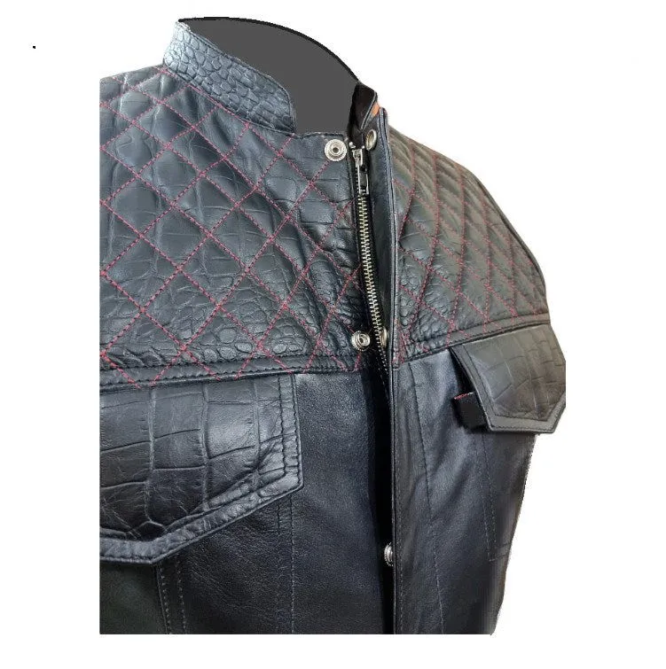 Mens Black Crocodile Print Leather Quilted Bikers Style Vest Waistcoat - B30