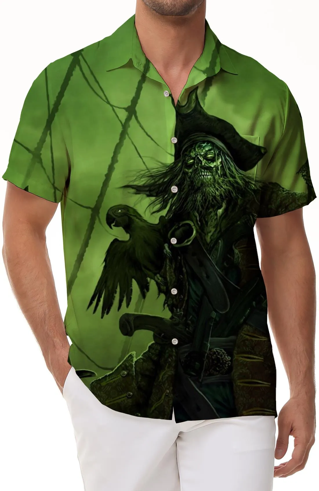 Men's casual Hawaiian button green pirate skull king shirt short sleeve clothing