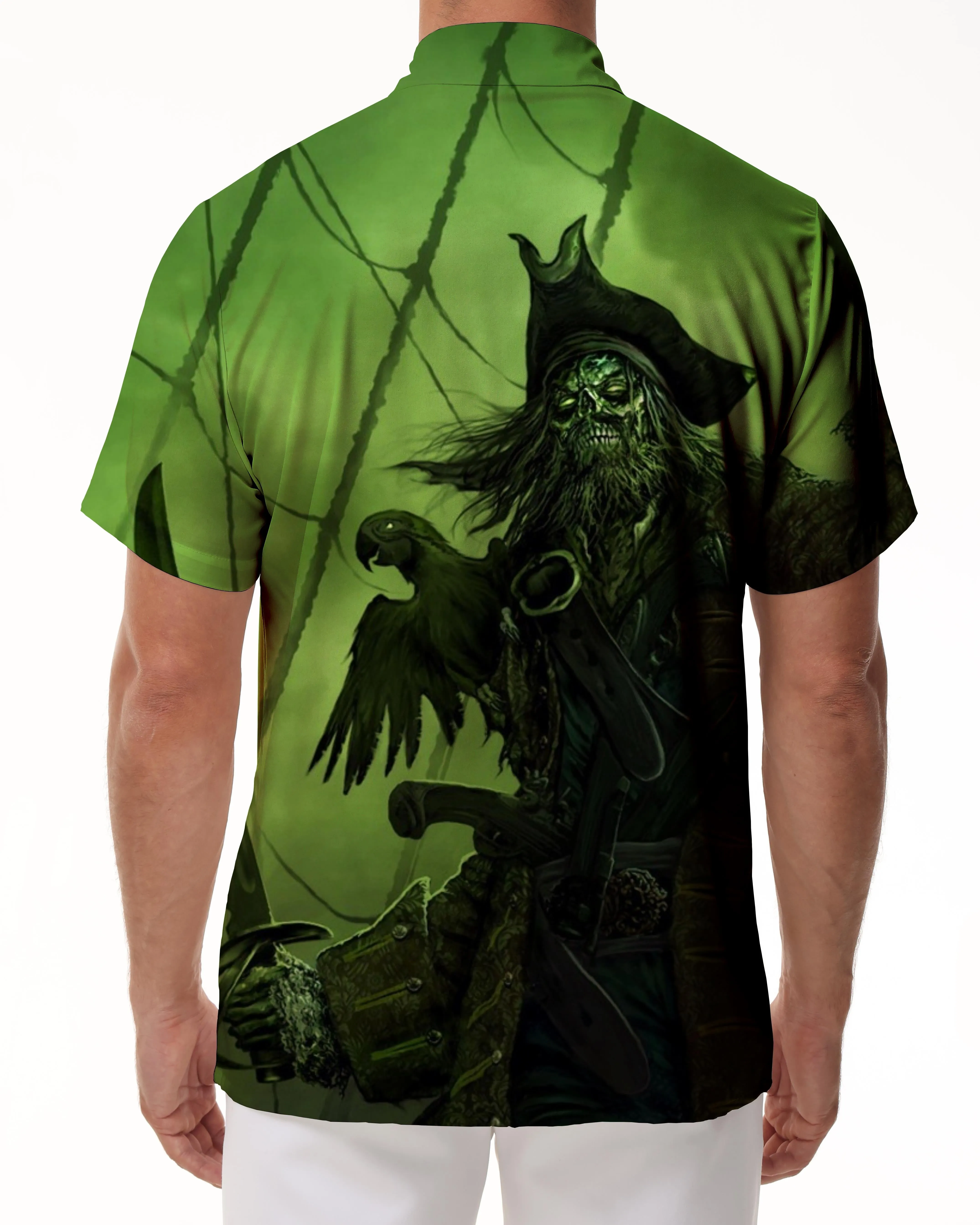 Men's casual Hawaiian button green pirate skull king shirt short sleeve clothing