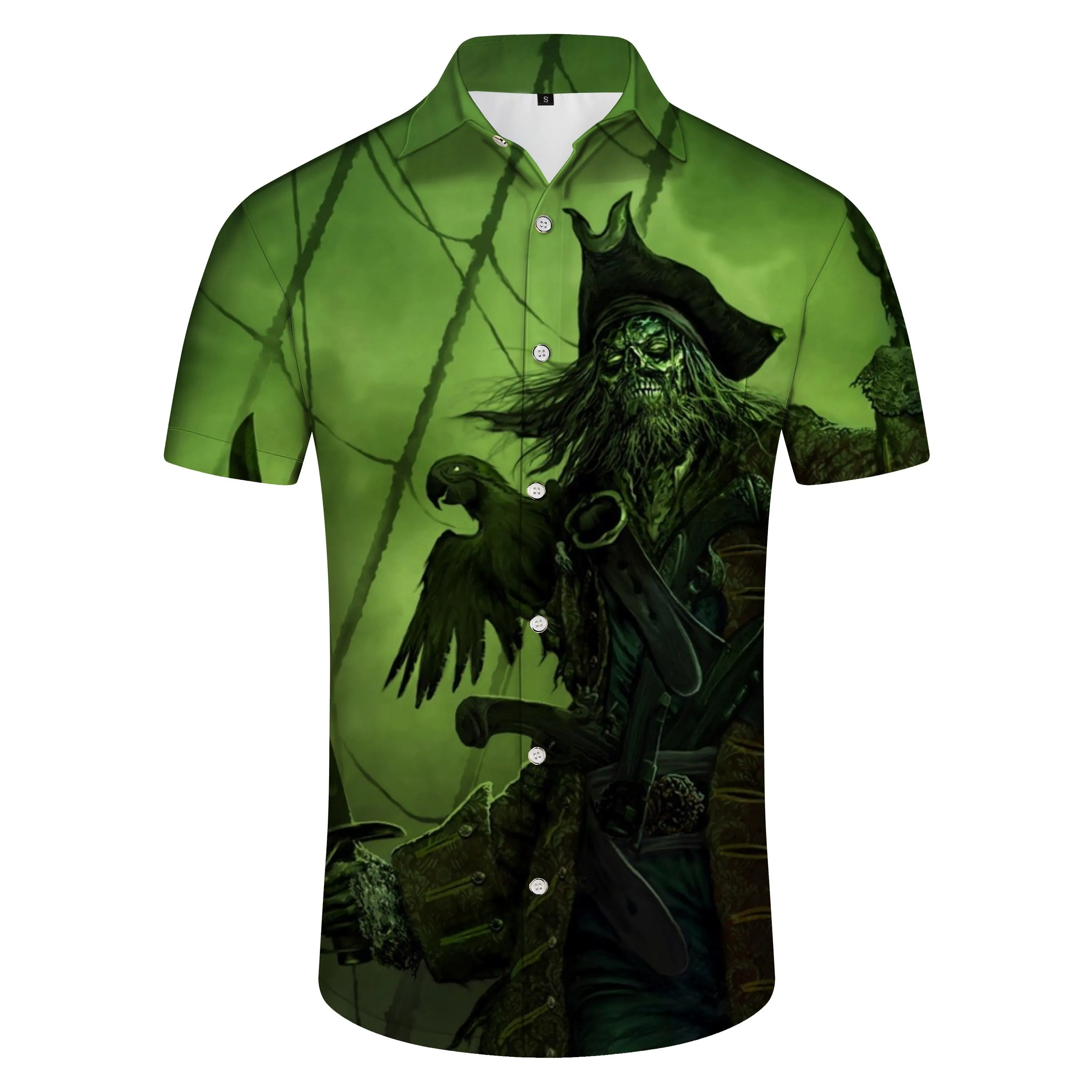 Men's casual Hawaiian button green pirate skull king shirt short sleeve clothing