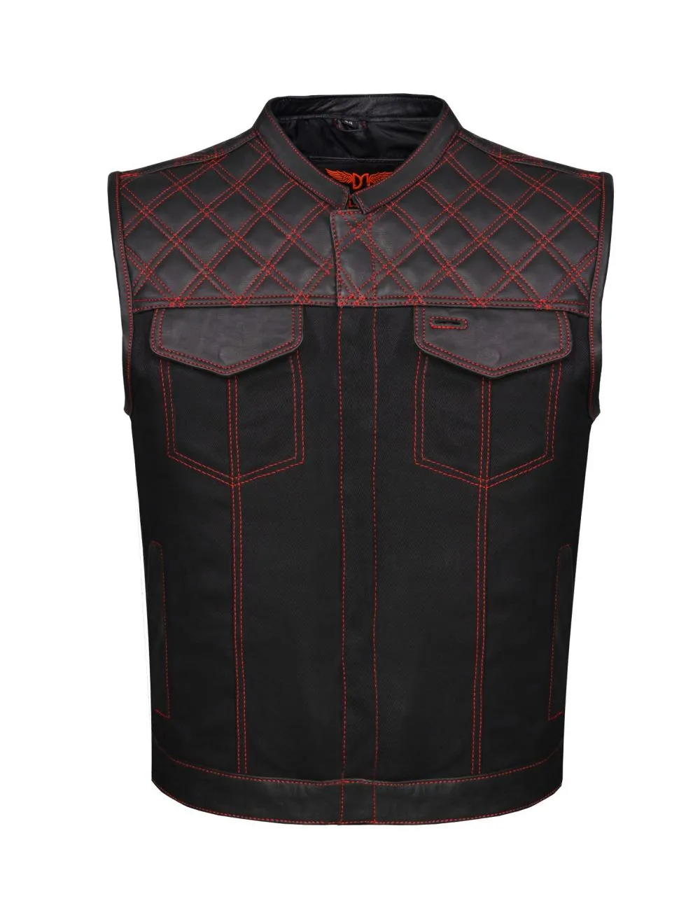 Mens Denim & Leather Motorcycle Club Vest Red Thread Diamond Padding