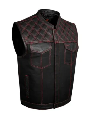 Mens Denim & Leather Motorcycle Club Vest Red Thread Diamond Padding