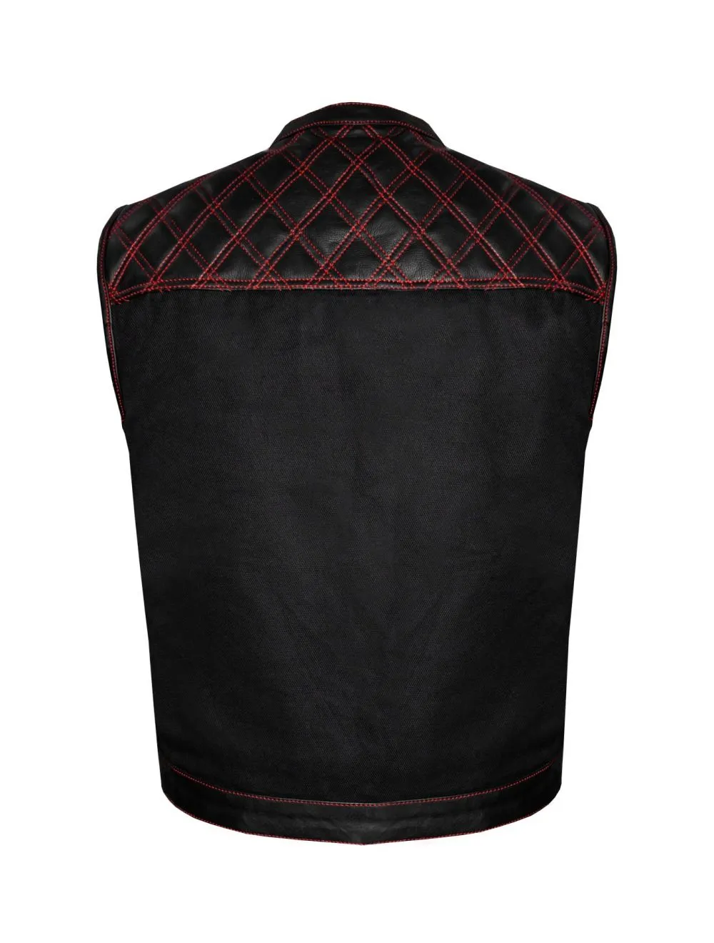 Mens Denim & Leather Motorcycle Club Vest Red Thread Diamond Padding