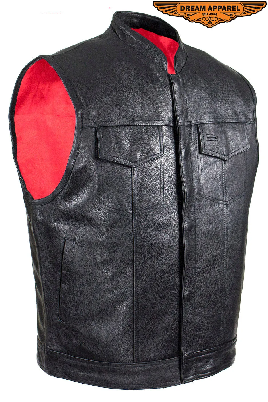 Mens Leather Motorcycle Club  Vest With Pockets