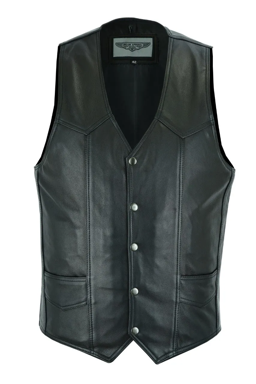 Mens Plain Black Leather Vest with Conceal Carry Gun Pockets