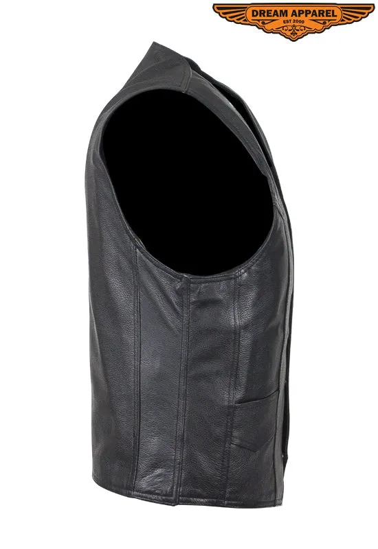 Mens Plain Black Leather Vest with Conceal Carry Gun Pockets