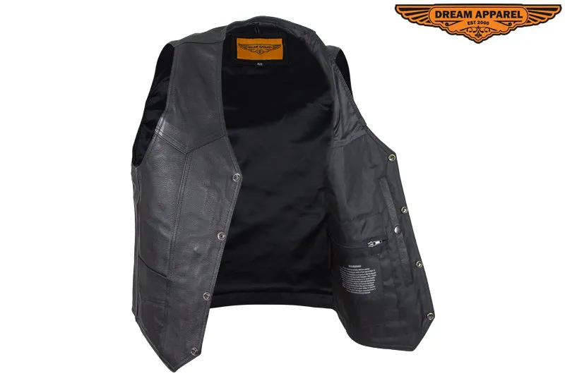 Mens Plain Black Leather Vest with Conceal Carry Gun Pockets