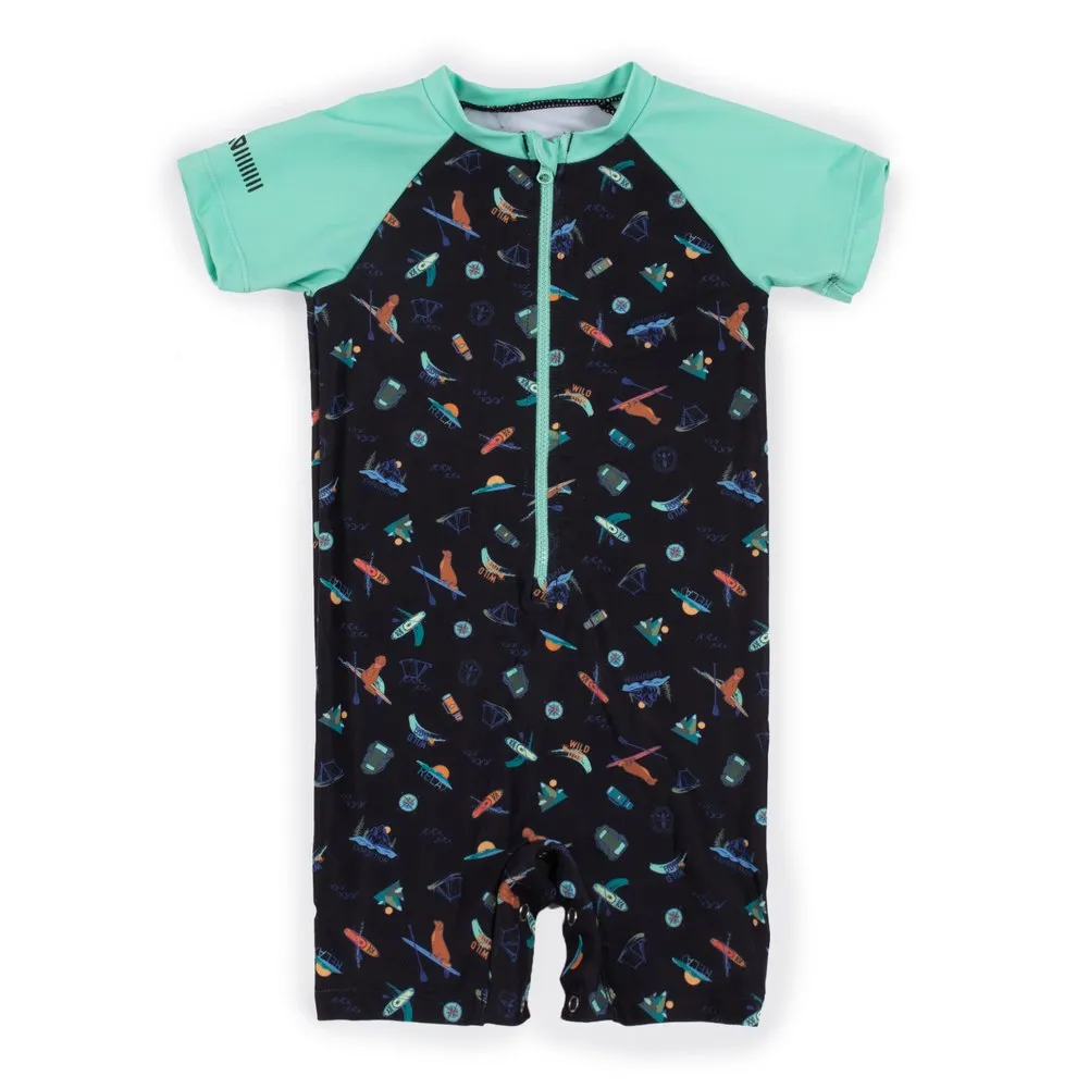 Nano One-Piece Rashguard Boys Short-Sleeve Swimsuit - Black/Teal (9-12 Months)