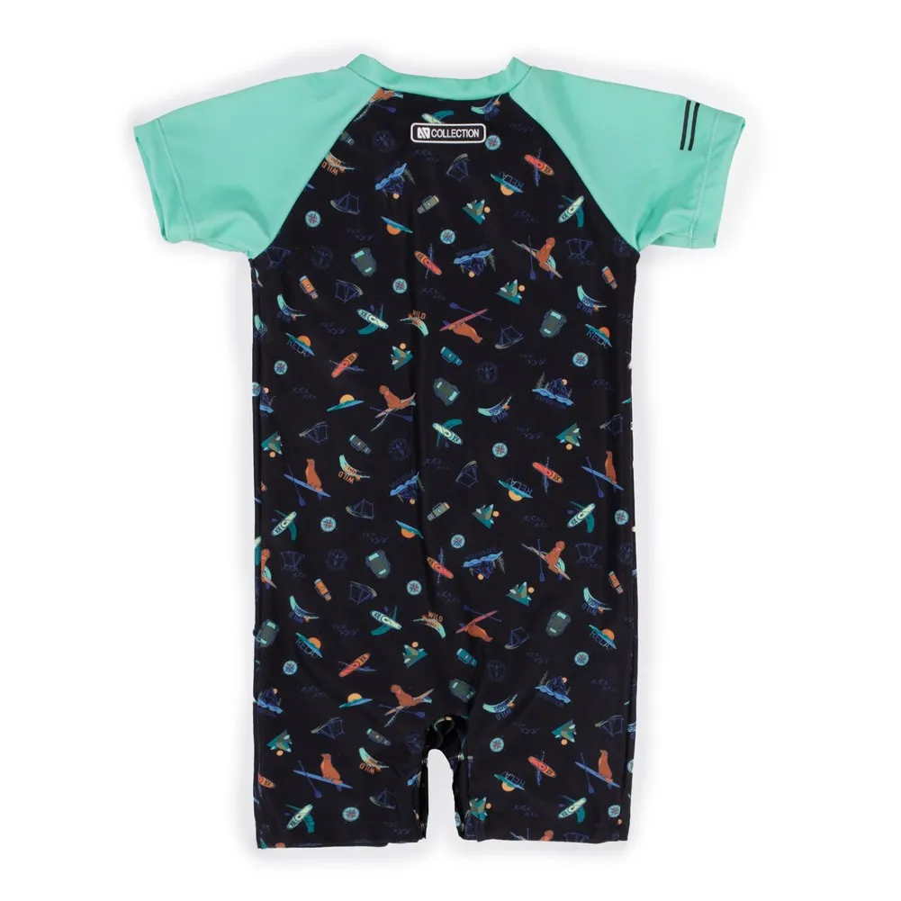 Nano One-Piece Rashguard Boys Short-Sleeve Swimsuit - Black/Teal (9-12 Months)