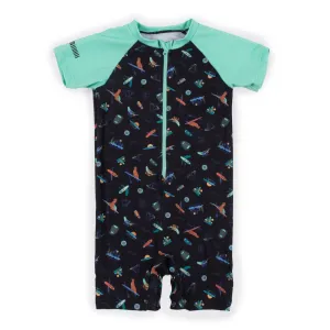 Nano One-Piece Rashguard Boys Short-Sleeve Swimsuit - Black/Teal (9-12 Months)