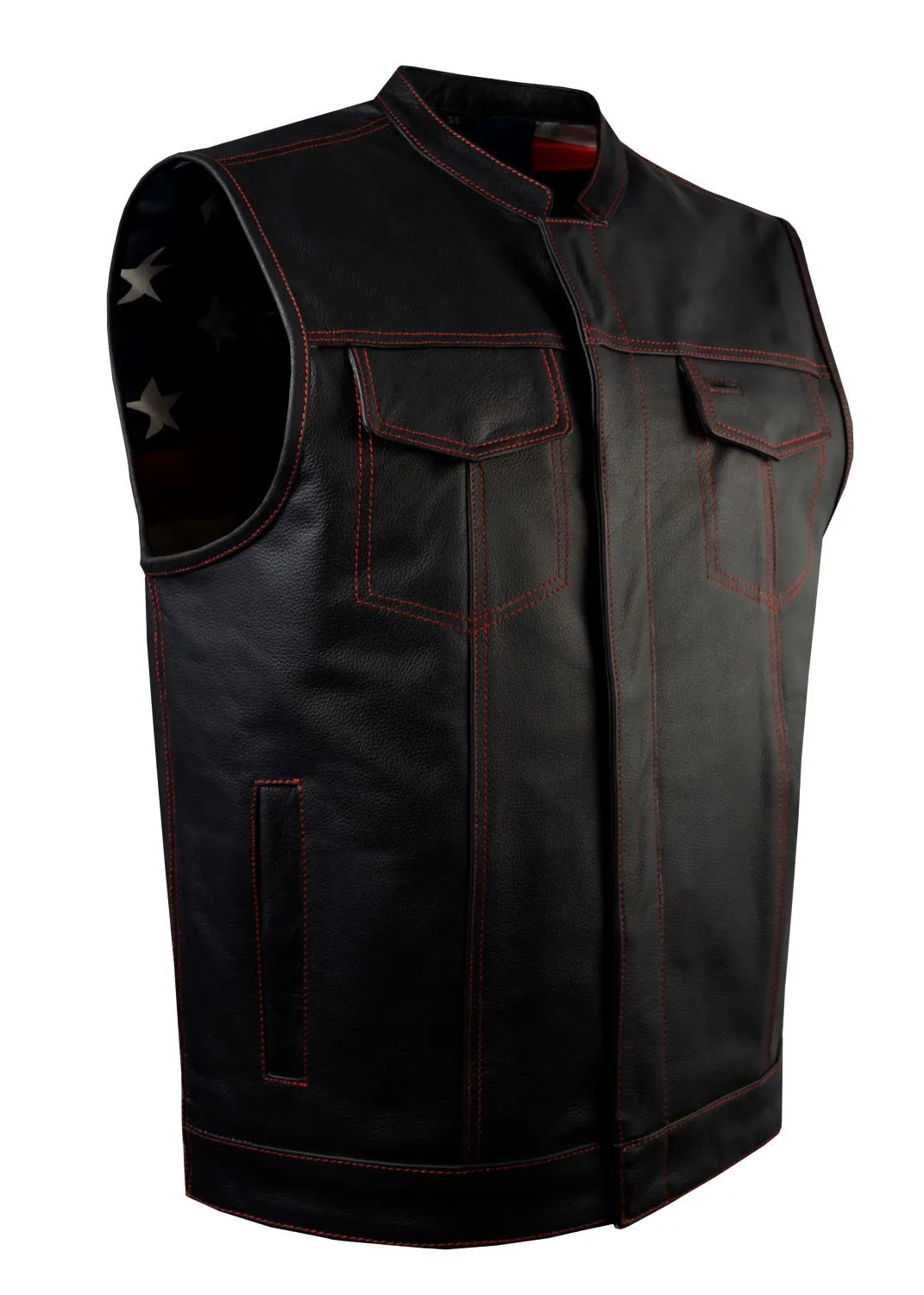 Patriot by Jimmy Lee Leathers Men's Leather Bikers Motorcycle Vest Red Stitching USA Flag Lining