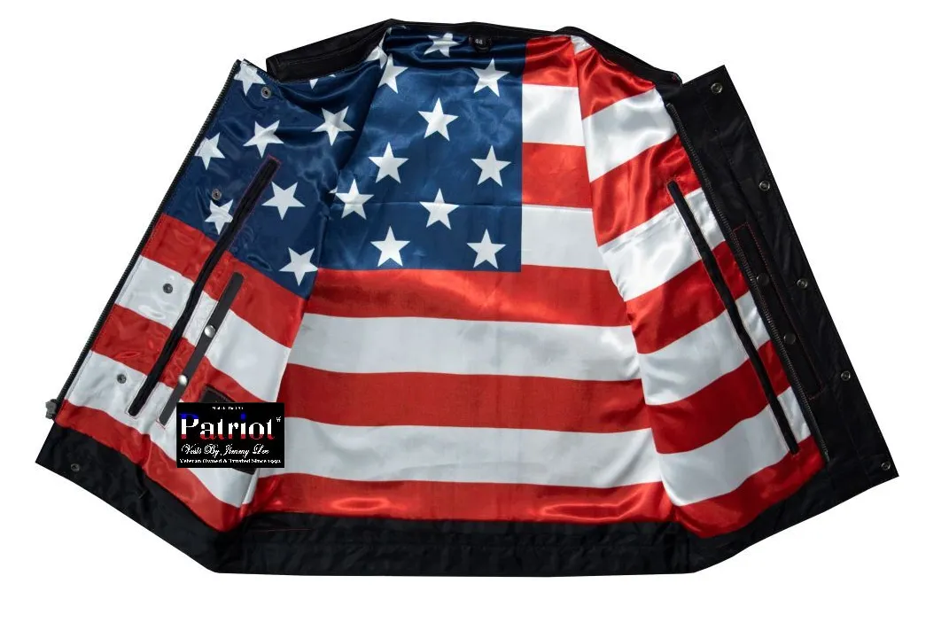 Patriot by Jimmy Lee Leathers Men's Leather Bikers Motorcycle Vest Red Stitching USA Flag Lining