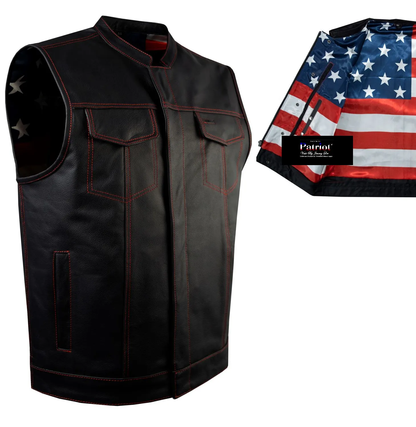 Patriot by Jimmy Lee Leathers Men's Leather Bikers Motorcycle Vest Red Stitching USA Flag Lining