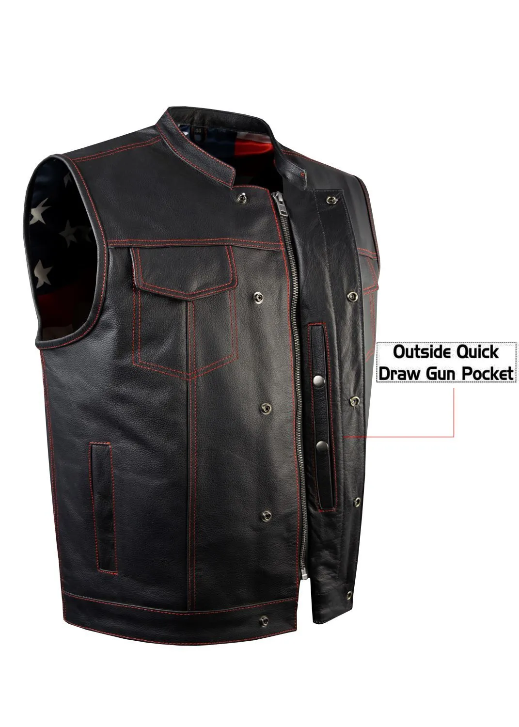 Patriot by Jimmy Lee Leathers Men's Leather Bikers Motorcycle Vest Red Stitching USA Flag Lining