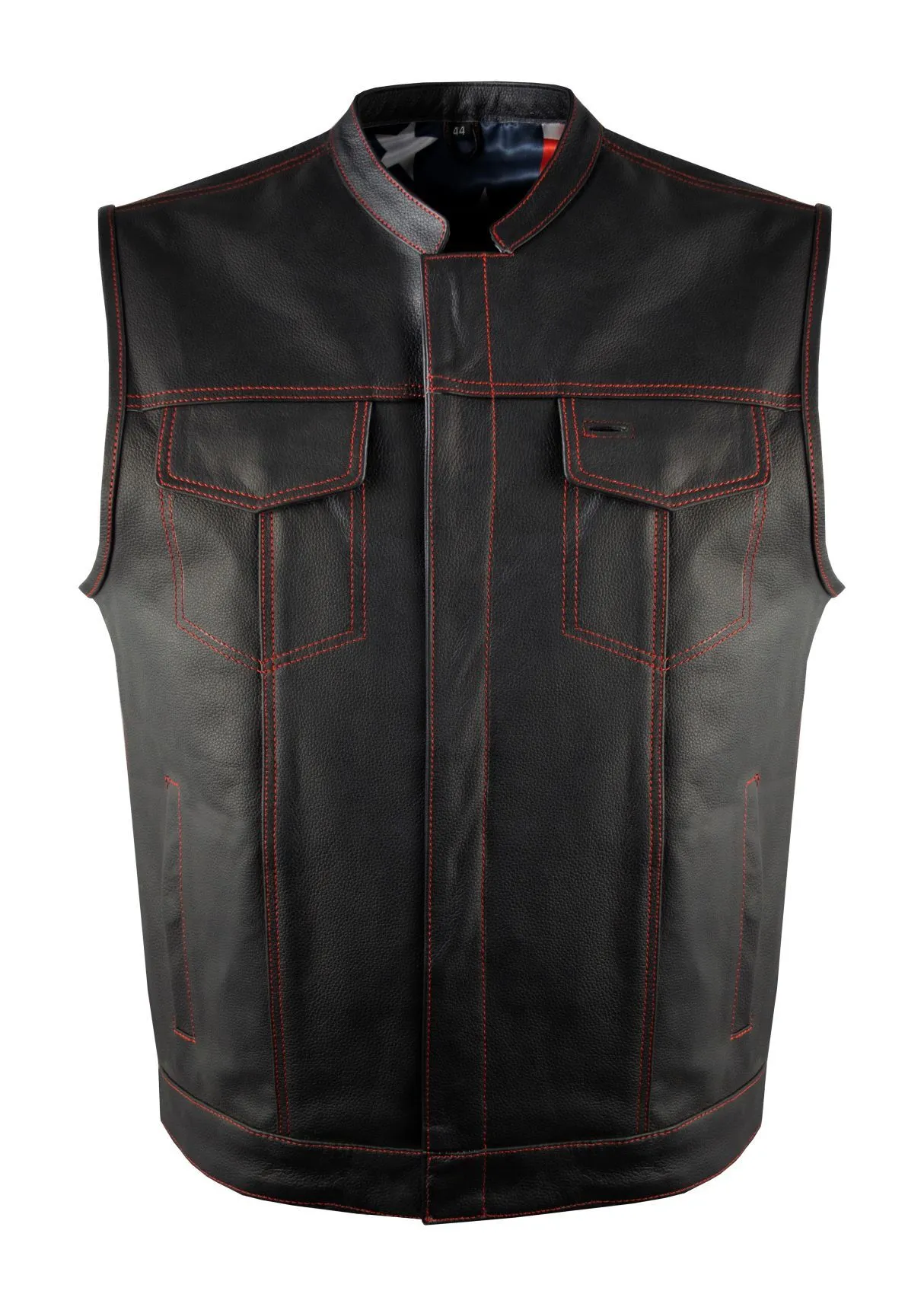 Patriot by Jimmy Lee Leathers Men's Leather Bikers Motorcycle Vest Red Stitching USA Flag Lining