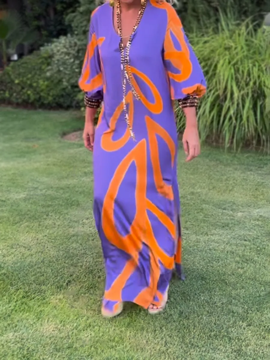 Printed V Neck Slit Hem Loose Maxi Dress