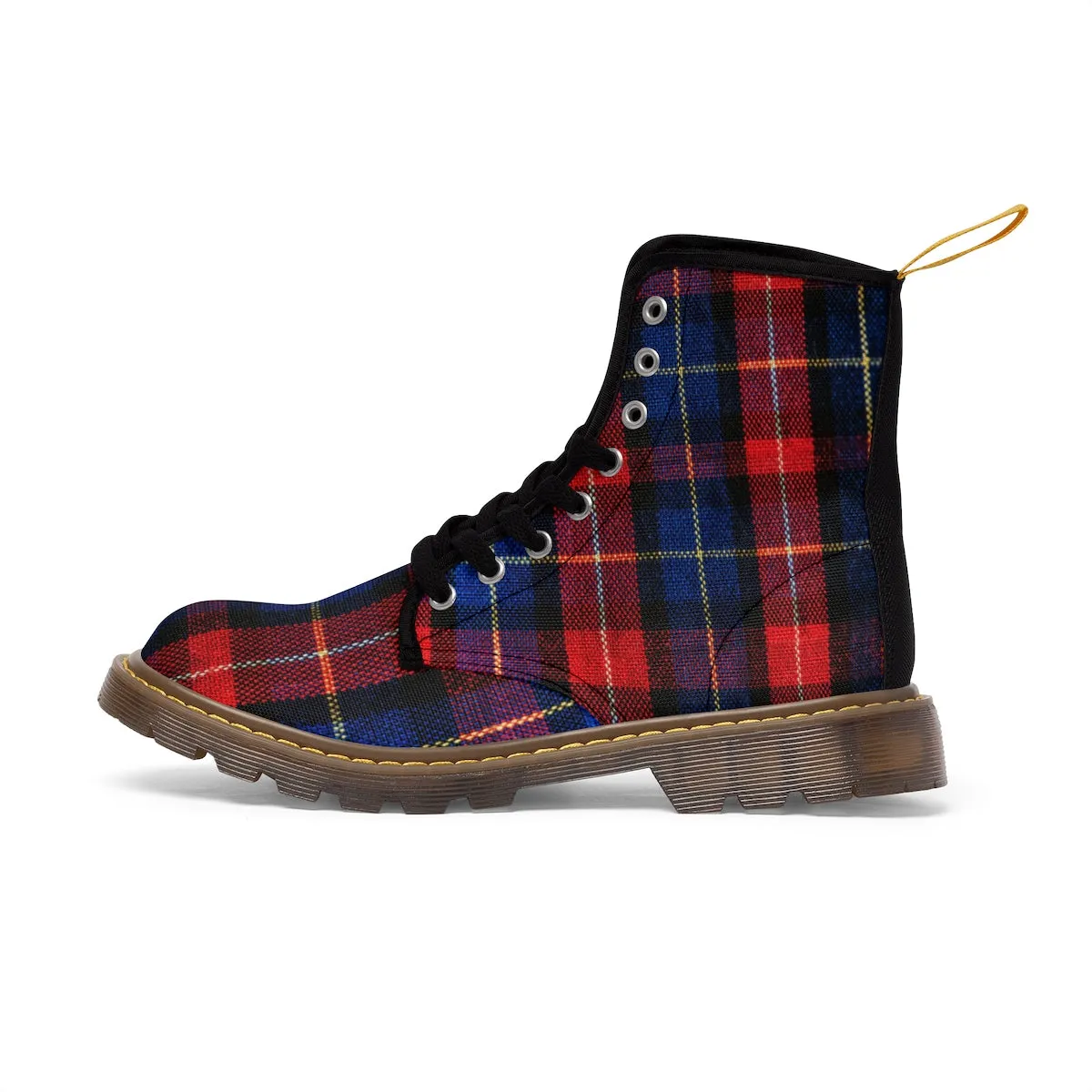 Red Blue Tartan Women's Boots, Plaid Print Winter Lace-up Toe Cap Hiking Boots Shoes