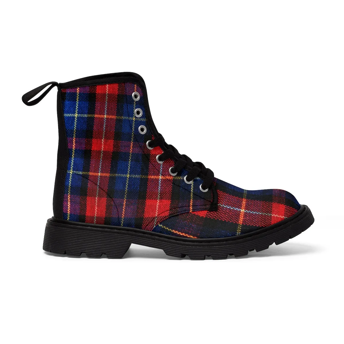 Red Blue Tartan Women's Boots, Plaid Print Winter Lace-up Toe Cap Hiking Boots Shoes