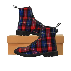 Red Blue Tartan Women's Boots, Plaid Print Winter Lace-up Toe Cap Hiking Boots Shoes