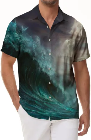 Roaring Waves Shirt Men's 3D Printed Vintage Hawaiian Beach Shirt Short Sleeve Lapel Top Clothing