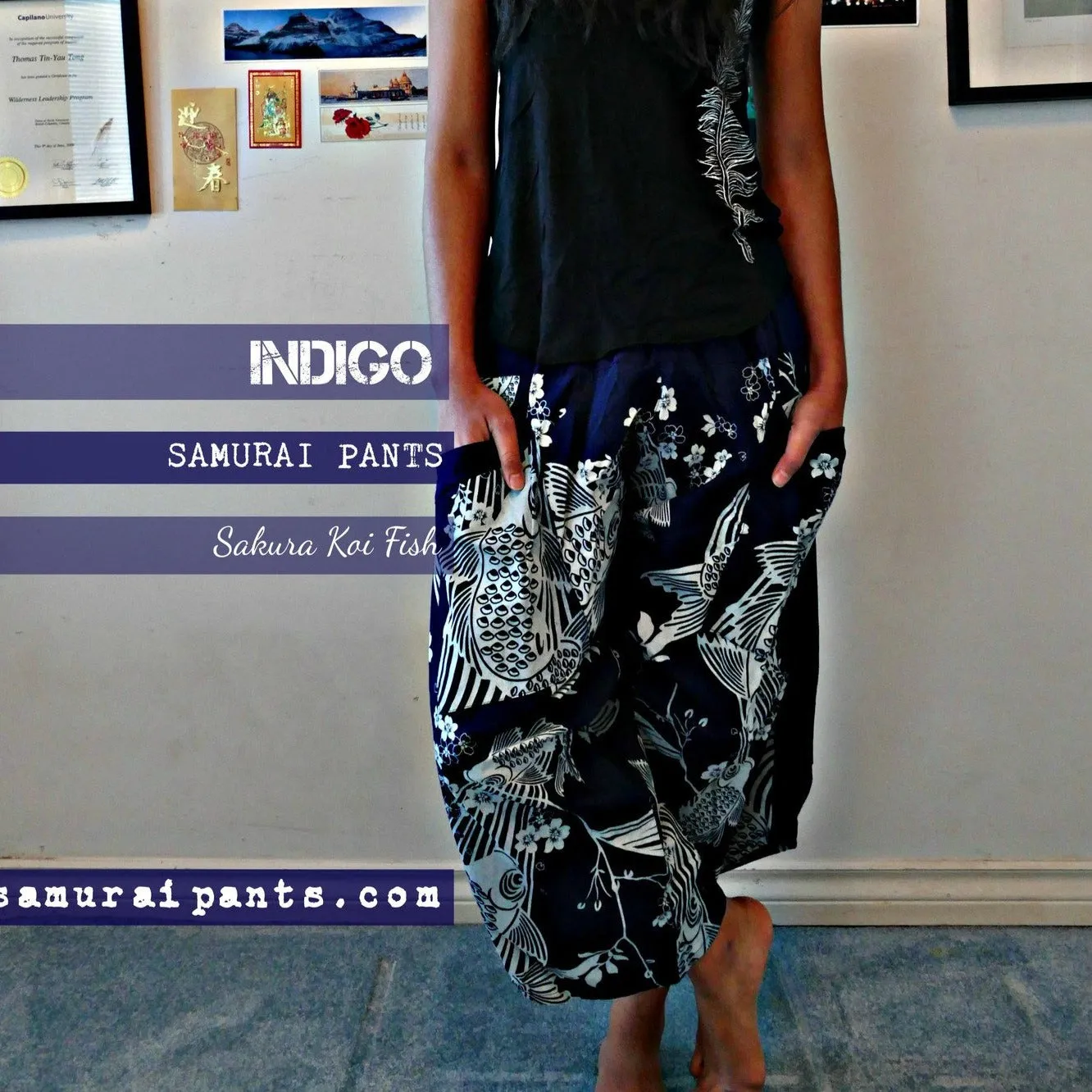 Sakura Koi Fish (INDIGO) Elastic Waist Samurai Pants