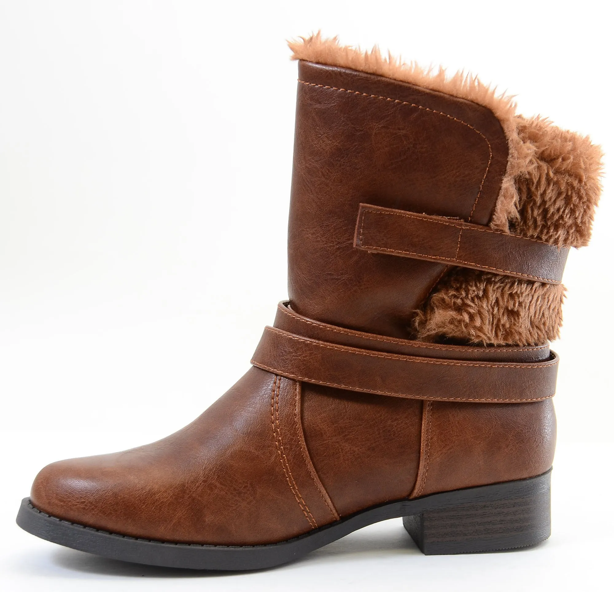 Shearling Fur Moto Combat Vegan Mid-calf Women's Boots