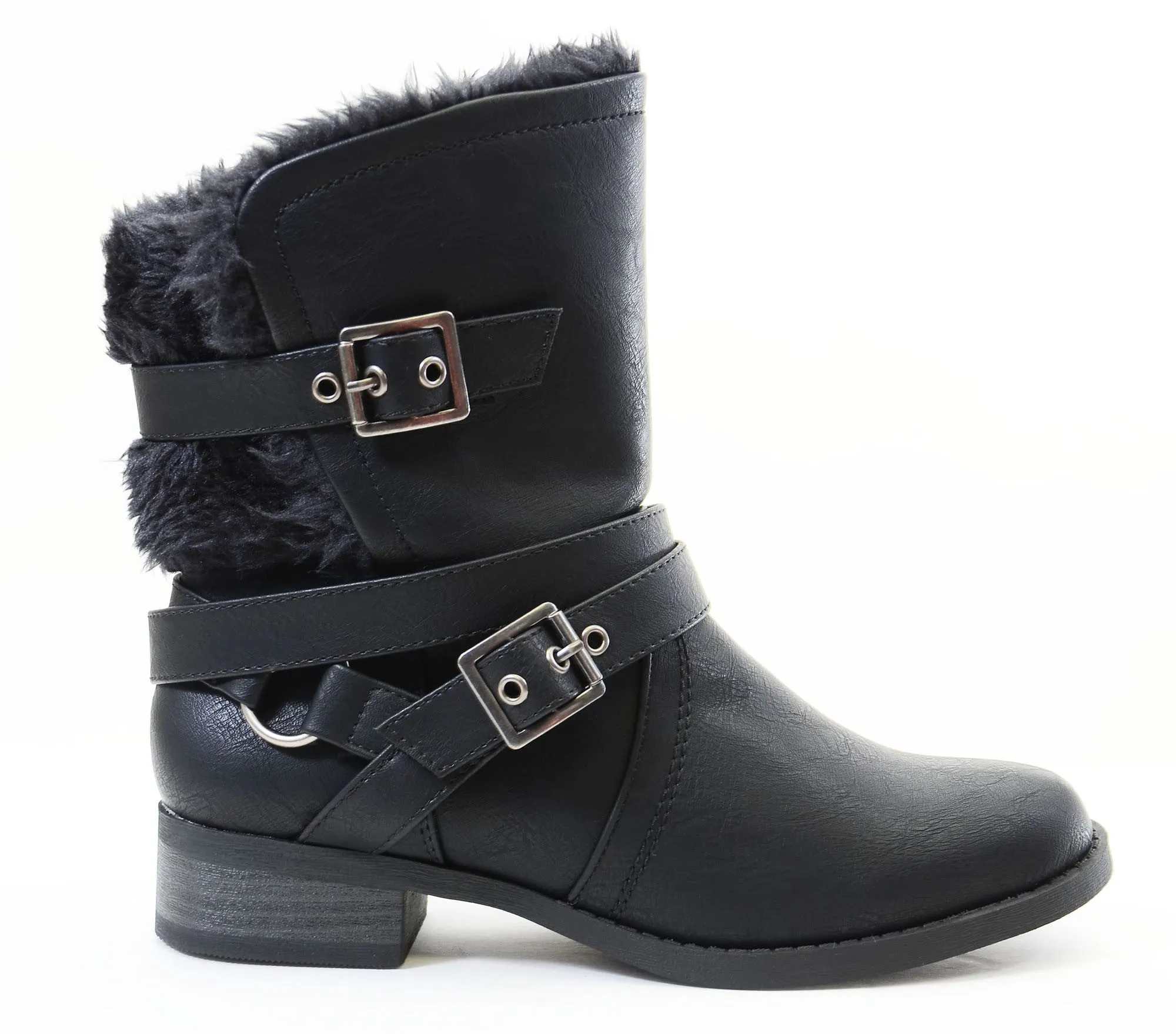 Shearling Fur Moto Combat Vegan Mid-calf Women's Boots