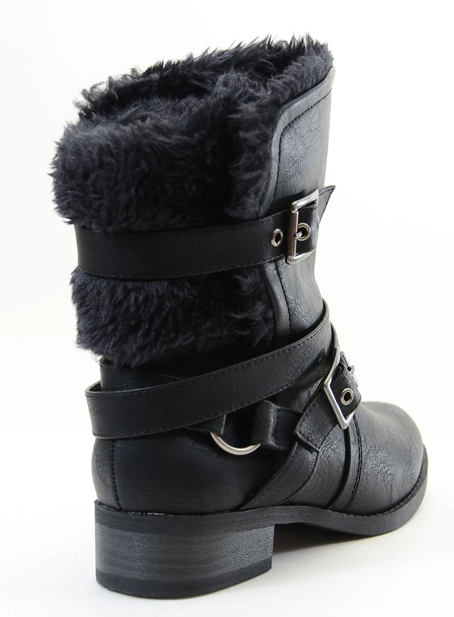 Shearling Fur Moto Combat Vegan Mid-calf Women's Boots