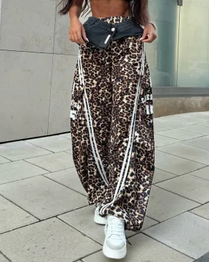 Spliced Leopard Print Casual Wide-Leg Pants