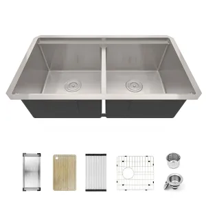 Stainless Steel Double Bowl Square Kitchen Sink 33" Wide