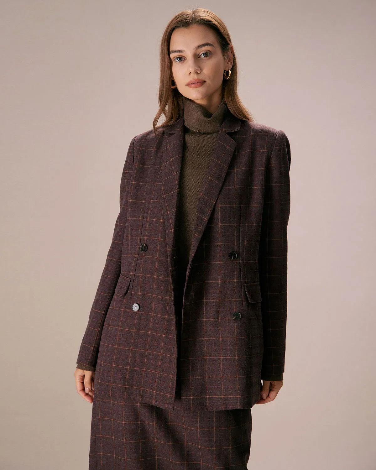 The Coffee Lapel Double Breasted Plaid Blazer