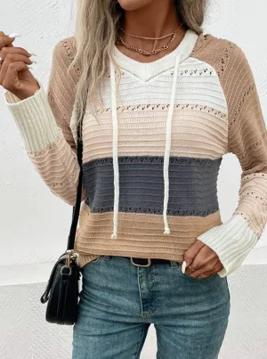 V-Neck Hooded Color-Block Knitted Long-Sleeved Sweater