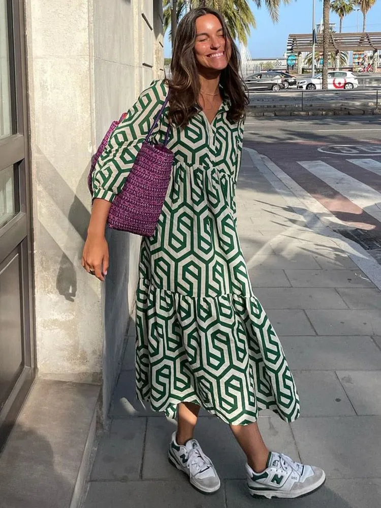 Vintage Print Maxi Casual Dress