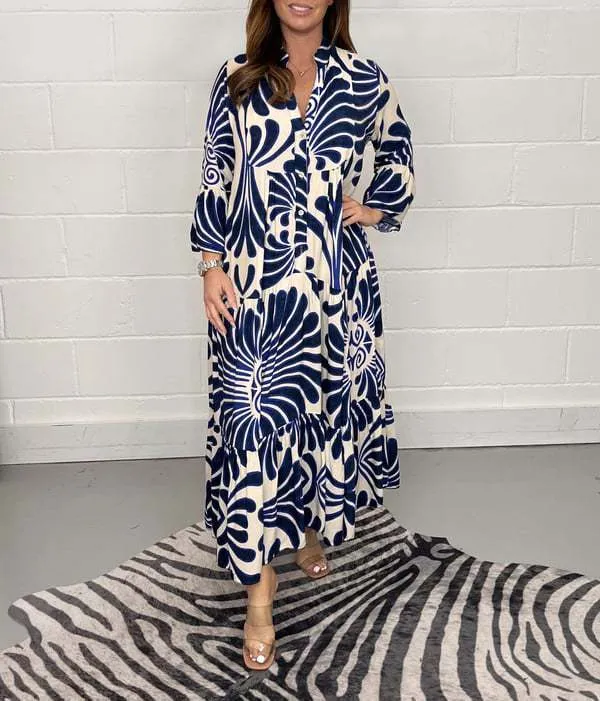 Vintage Print Maxi Casual Dress