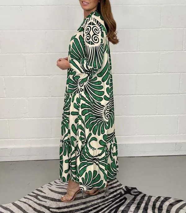 Vintage Print Maxi Casual Dress