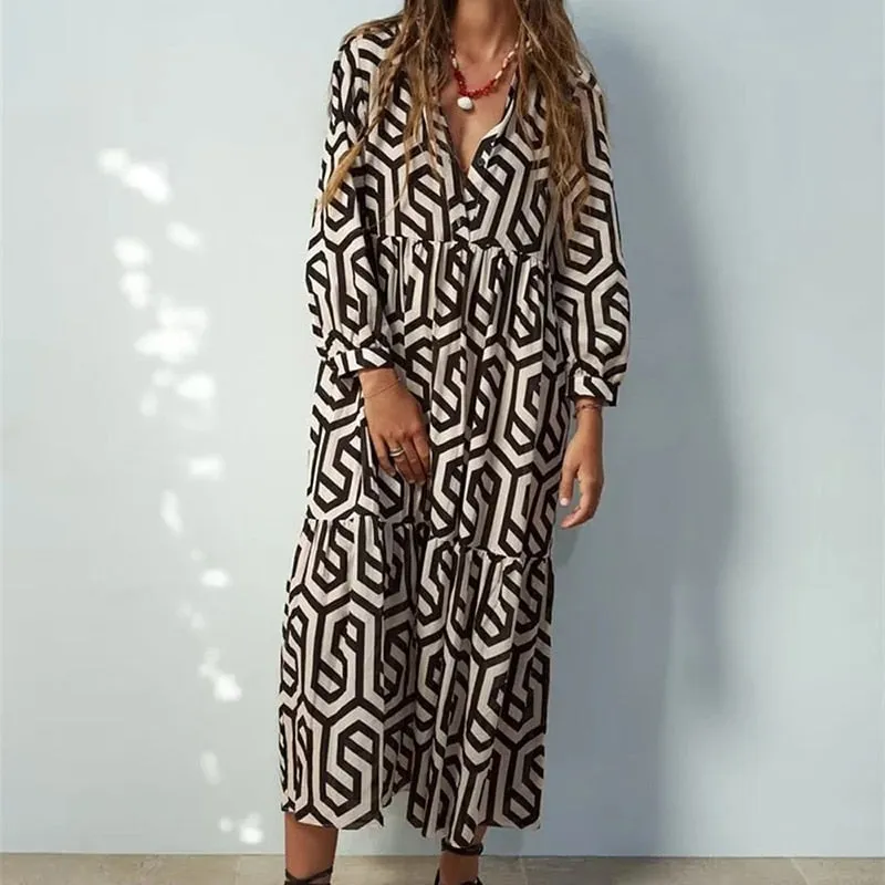 Vintage Print Maxi Casual Dress