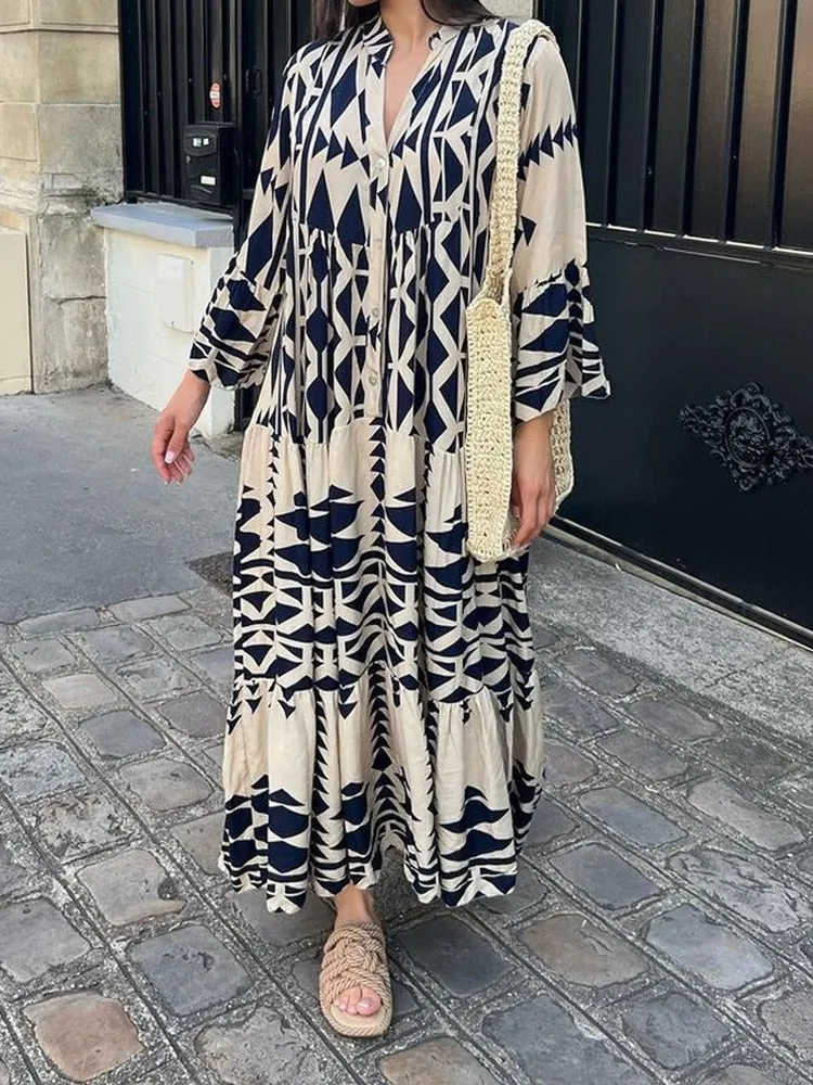 Vintage Print Maxi Casual Dress