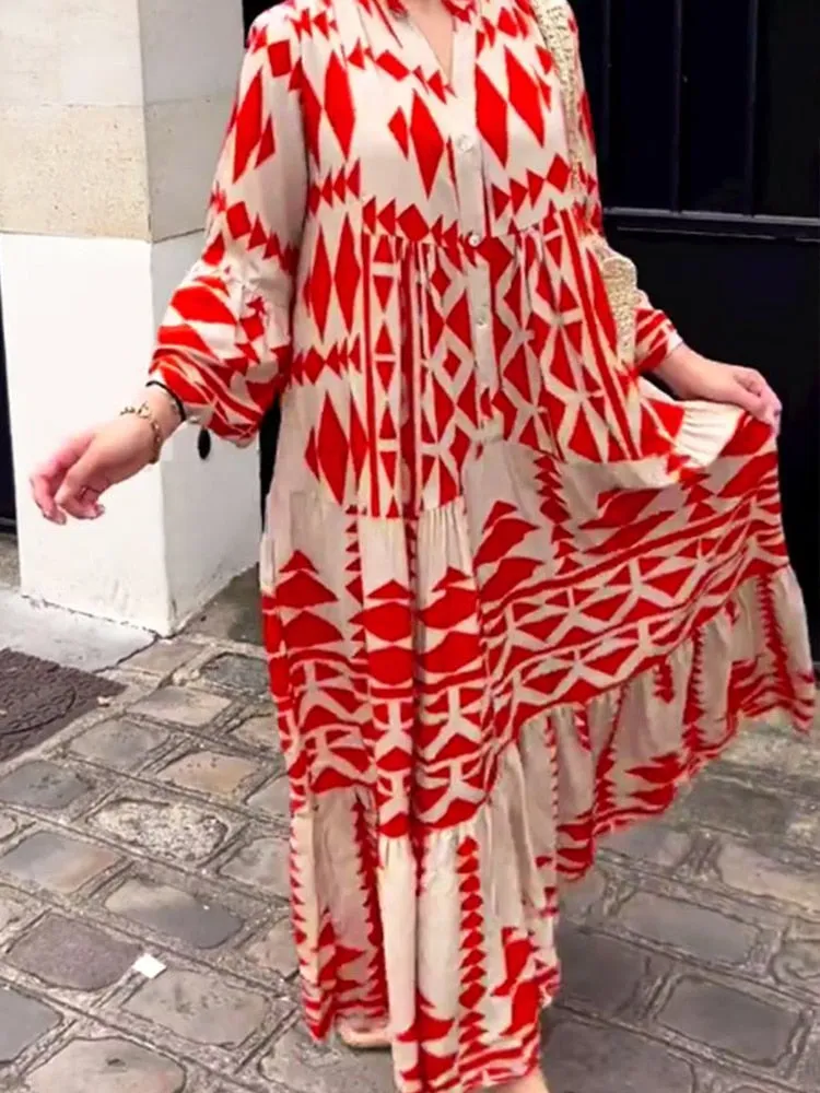 Vintage Print Maxi Casual Dress