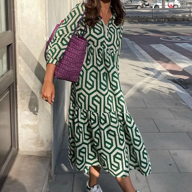 Vintage Print Maxi Casual Dress