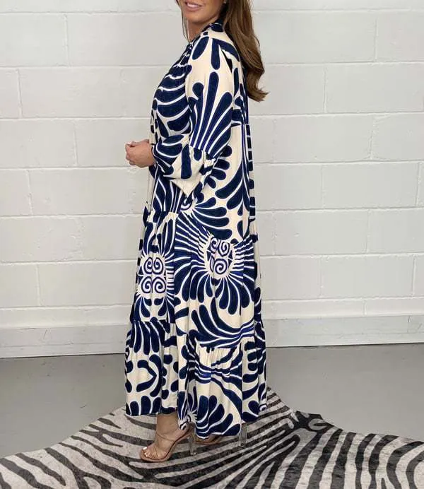 Vintage Print Maxi Casual Dress