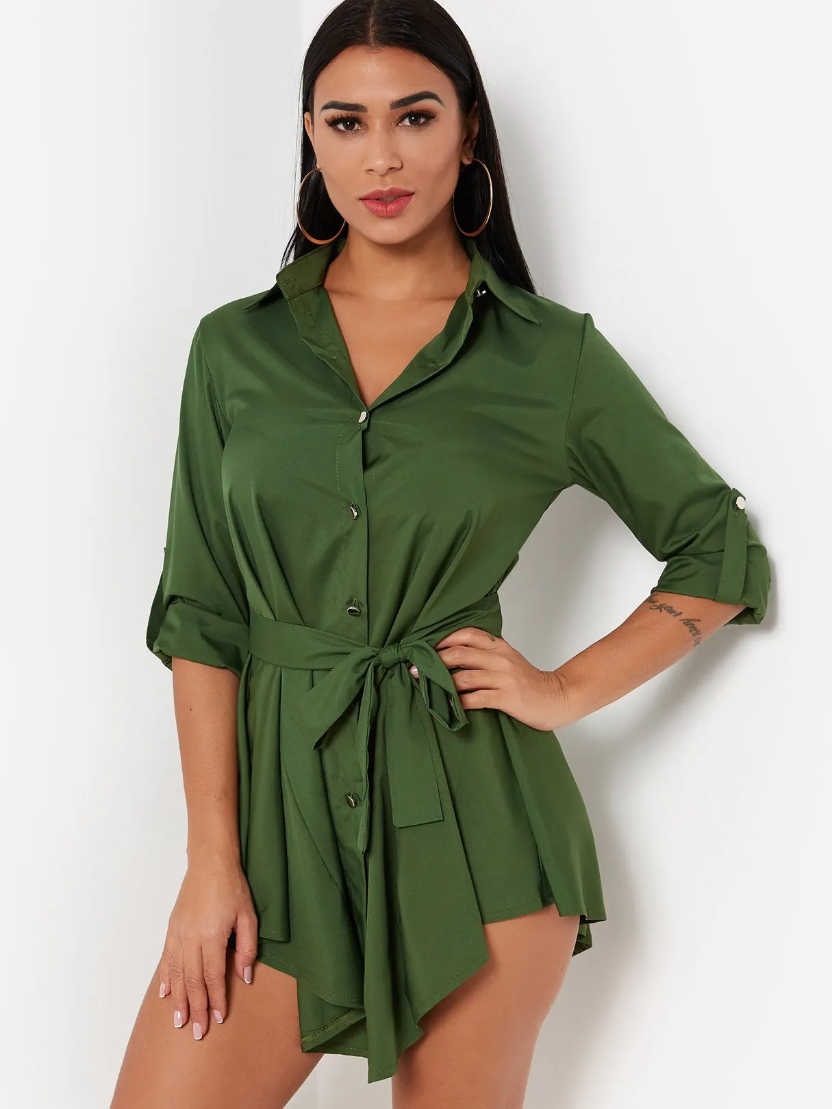 Wholesale Army Green Classic Collar 3/4 Sleeve Plain Self-Tie Irregular Hem Casual Dresses