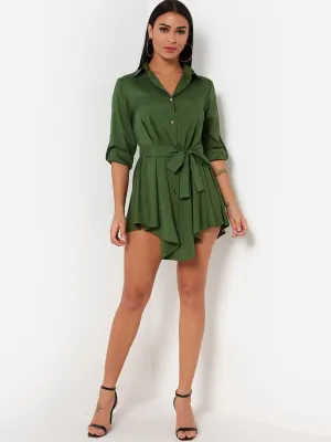 Wholesale Army Green Classic Collar 3/4 Sleeve Plain Self-Tie Irregular Hem Casual Dresses