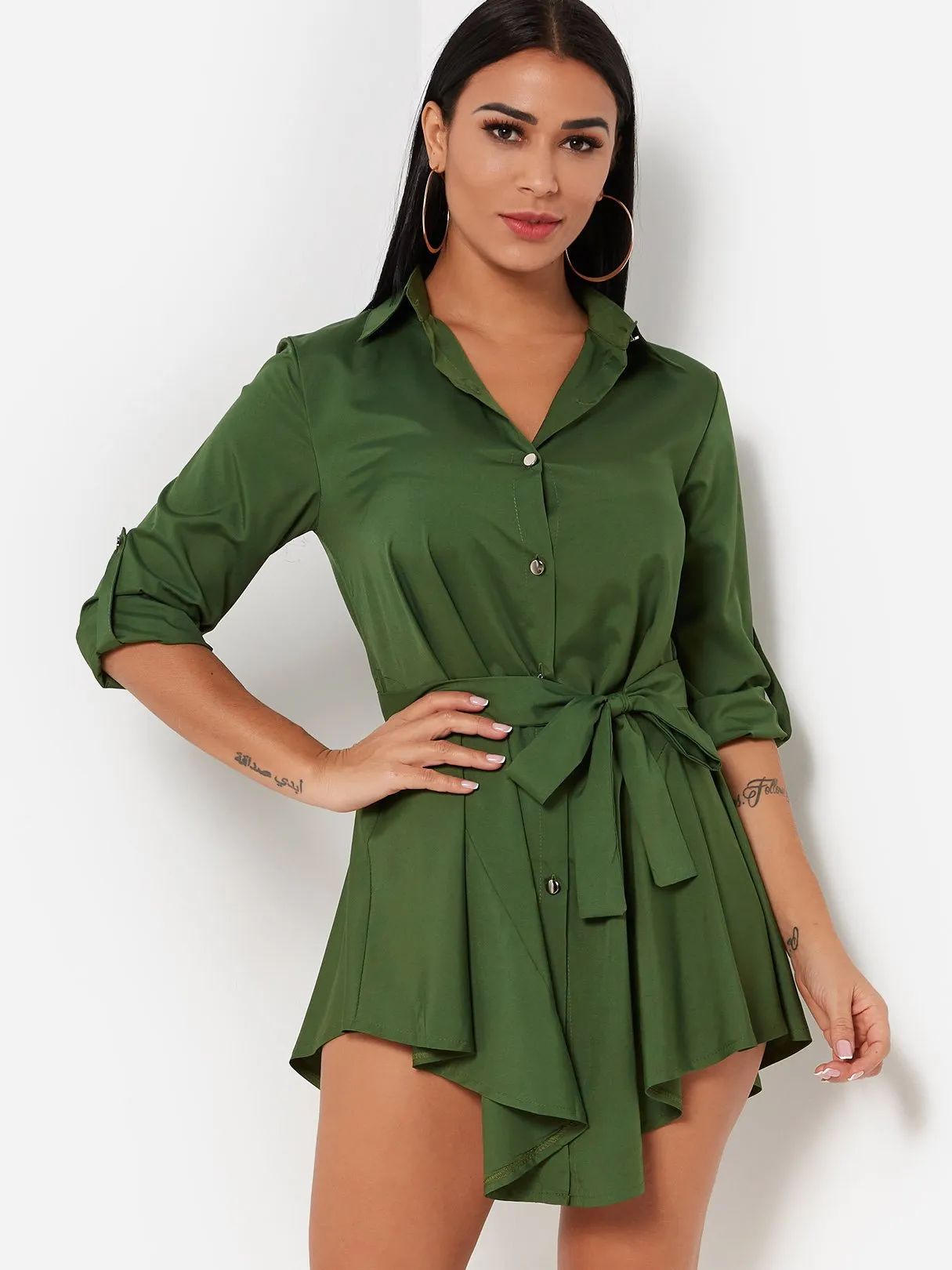 Wholesale Army Green Classic Collar 3/4 Sleeve Plain Self-Tie Irregular Hem Casual Dresses